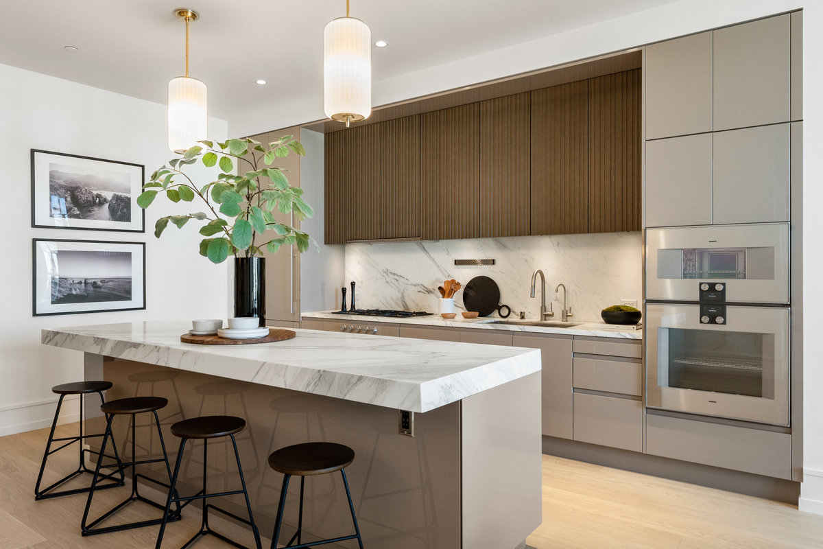 European kitchen with statuario marble counters